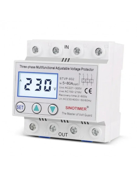 Releu trifazic siguranta digitala de protectie tensiune, Sinotimer, 380V, 80A, recuperare automata, STVP-932-80A