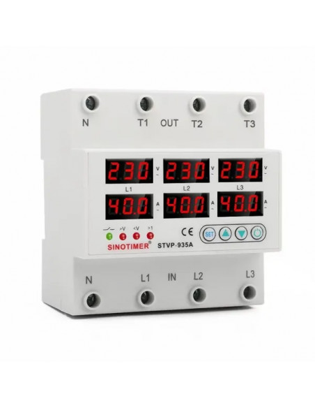 Releu TRIFAZIC, SINOTIMER, siguranta digitala de protectie tensiune afisata 220V, 1-63A, STVP-935-63A, recuperare automata