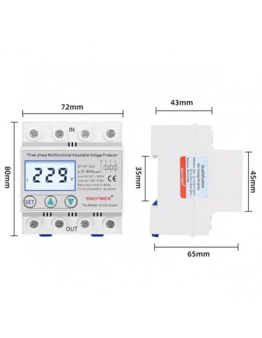 Releu trifazic siguranta digitala de protectie tensiune, Sinotimer, 380V, 80A, recuperare automata, STVP-932-80A