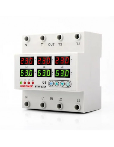Releu TRIFAZIC, SINOTIMER, siguranta digitala de protectie tensiune afisata 220V, 1-63A, STVP-935-63A, recuperare automata